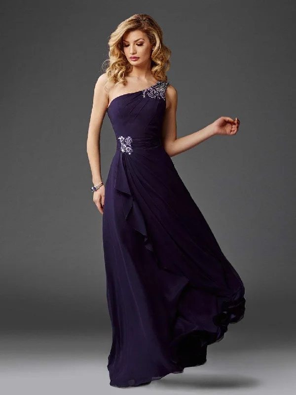 women's work dressesClarisse Draped Ornate Asymmetrical Gown M6403 - 1 pc Eggplant In Size 12 Available