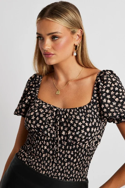 Black Ditsy Bodysuit Short Sleeve