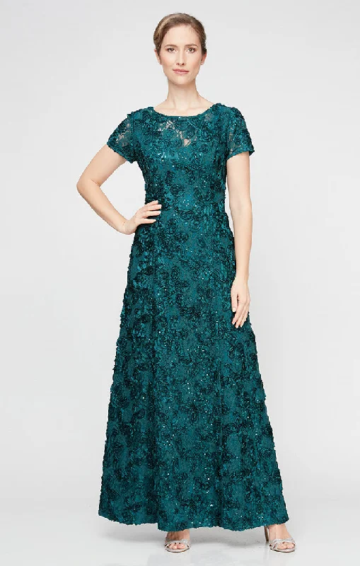 women's stretchy dressesRosette A-Line Gown with Sequin Detail & Short Illusion Sleeves