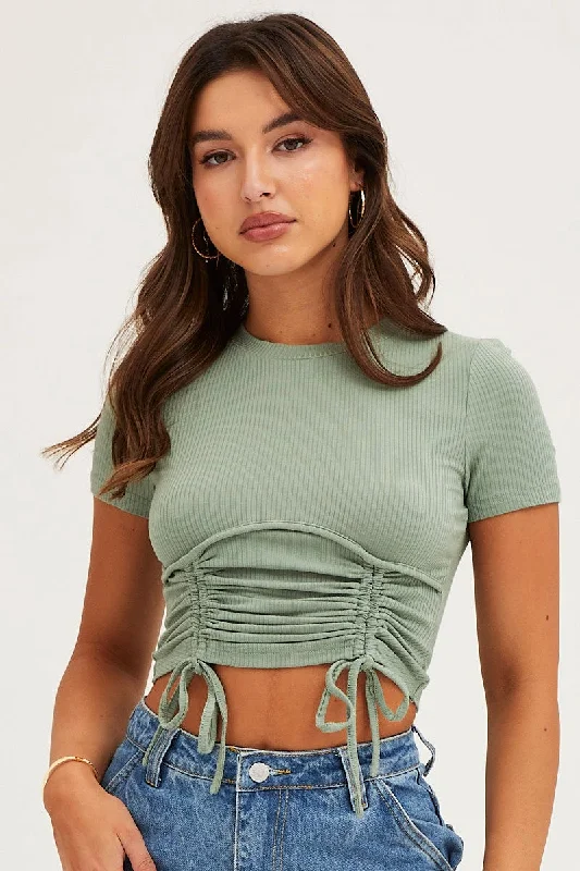 Green Bust Detail Top Short Sleeve Ruche