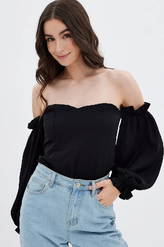 Black Off Shoulder Balloon Sleeve Bodysuit