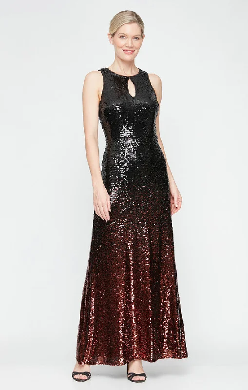 women's spaghetti strap dressesLong Sleeveless Ombre Sequin Gown with Keyhole Cutout Neckline