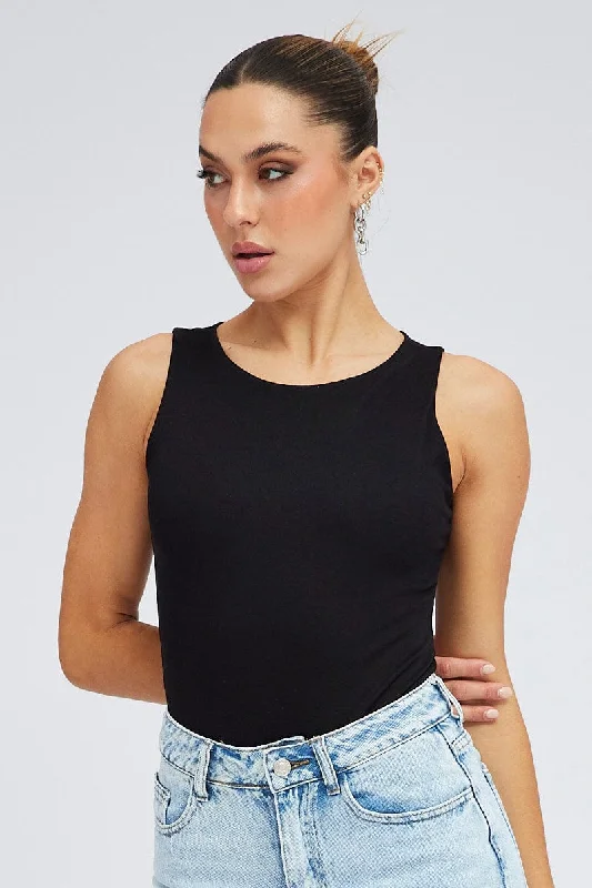 Black Bodysuit Sleeveless Crew Neck