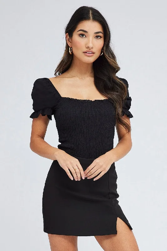 Black Puff Sleeve Bodysuit Cotton