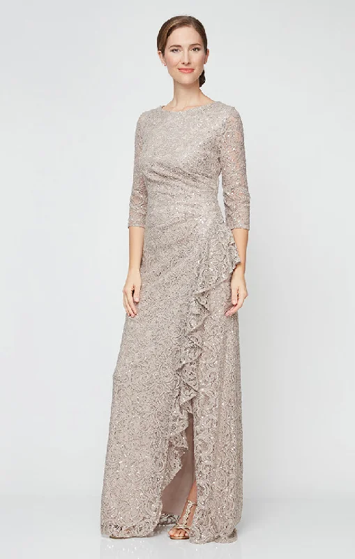 women's glam dressesSequin Lace Gown with 3/4 Sleeves & Cascade Detail Front Slit