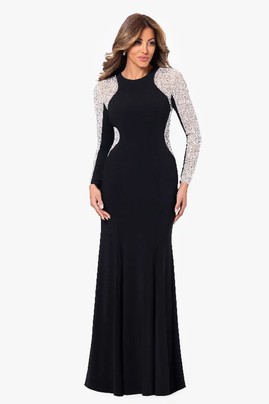 women's empire waist dresses"Georgia" Long Beaded Sleeve Stretch Knit Gown