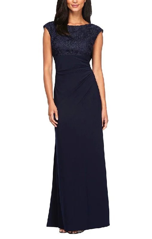 women's hourglass figure dressesLong Empire Waist Lace and Jersey Gown with Side Ruched Skirt and Cowl Back Detail