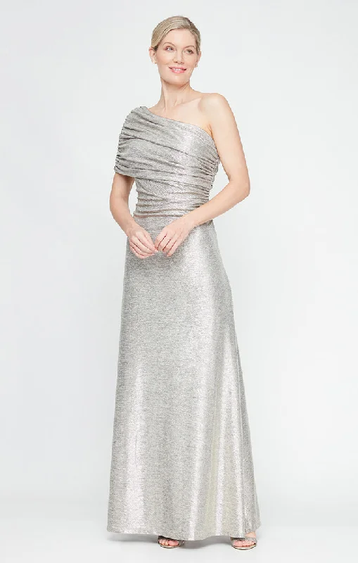 women's off-the-shoulder dressesLong One Shoulder Metallic Knit Gown with Ruched Detail