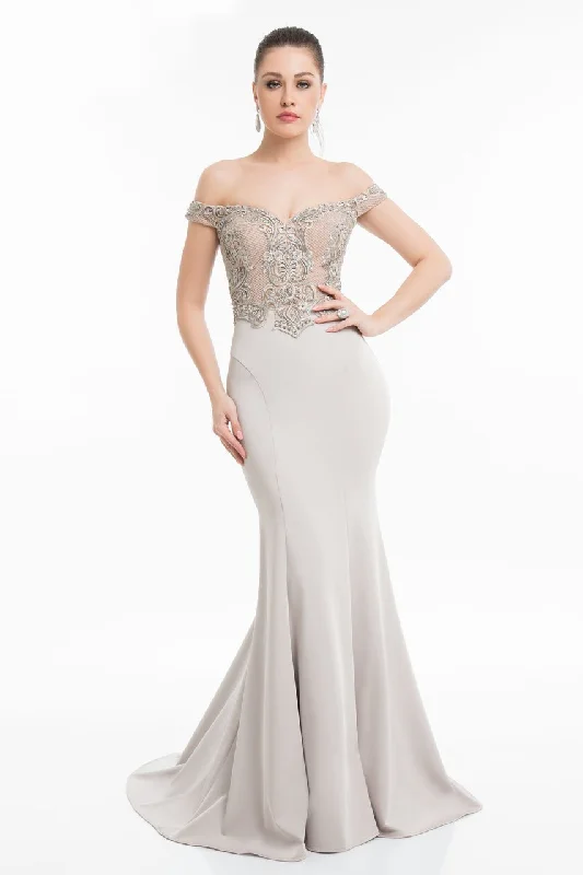 women's minimalist dressesTerani Couture 1821E7130 - Two-Toned Embroidered Mermaid Gown