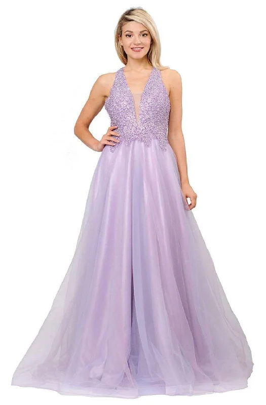 women's pastel dressesPoly USA 8412 - Beaded Deep V-Neck Ballgown