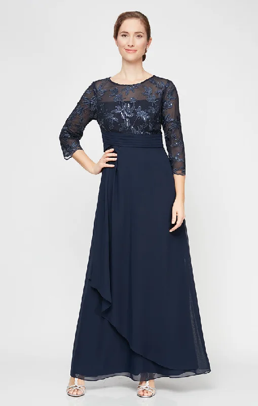 women's boho dressesLong 3/4 Sleeve Gown with Embroidered Bodice, Pleated Waist and Asymmetric Cascade Skirt