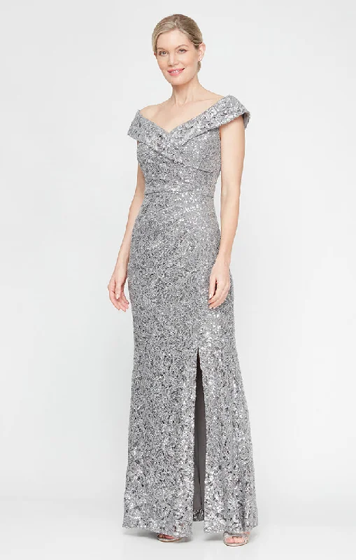 women's sustainable dressesOff-the-Shoulder Corded Lace Long Gown with Sequin Detail