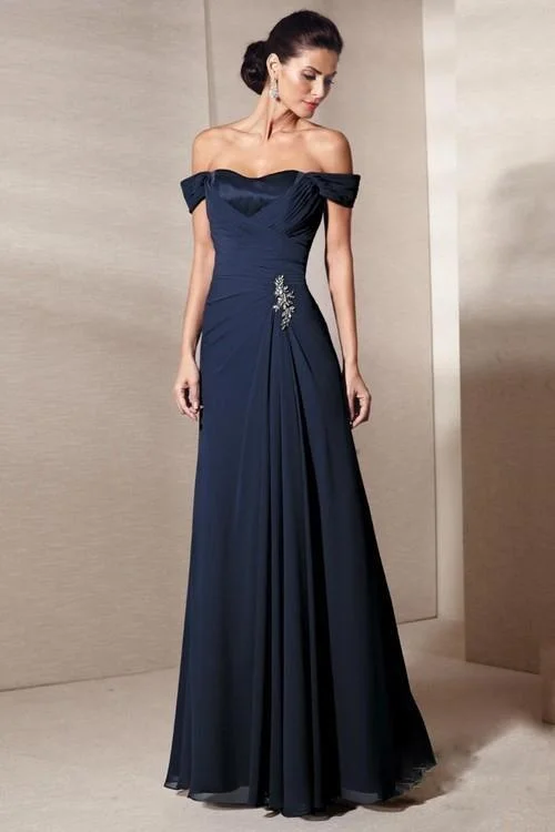 women's flutter-sleeved dressesAlyce Paris - Mother of the Bride - 29300 Draped Off-Shoulder Rhinestone Brooch Accent A-Line Gown - 1 pc Navy In Size 8 Available