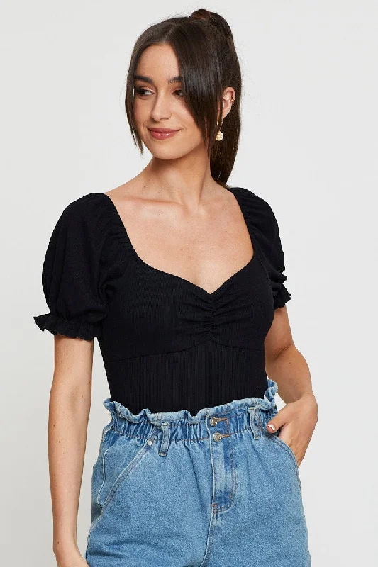 Black Ruched Bodysuit Puff Sleeve