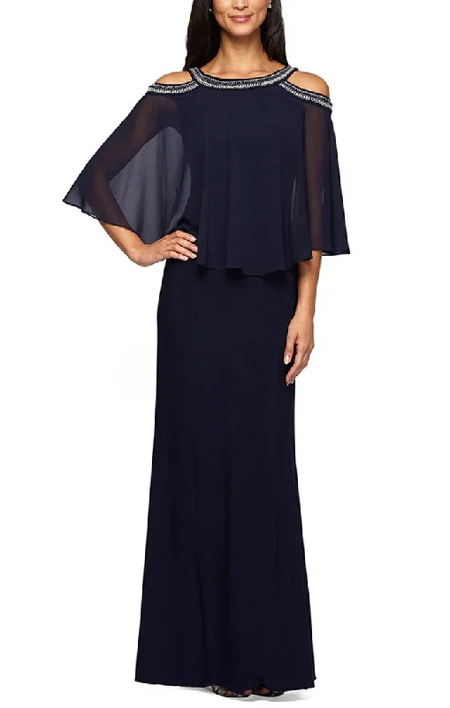 women's stretch dressesCold Shoulder Popover Jersey & Chiffon Gown with Beaded Neckline