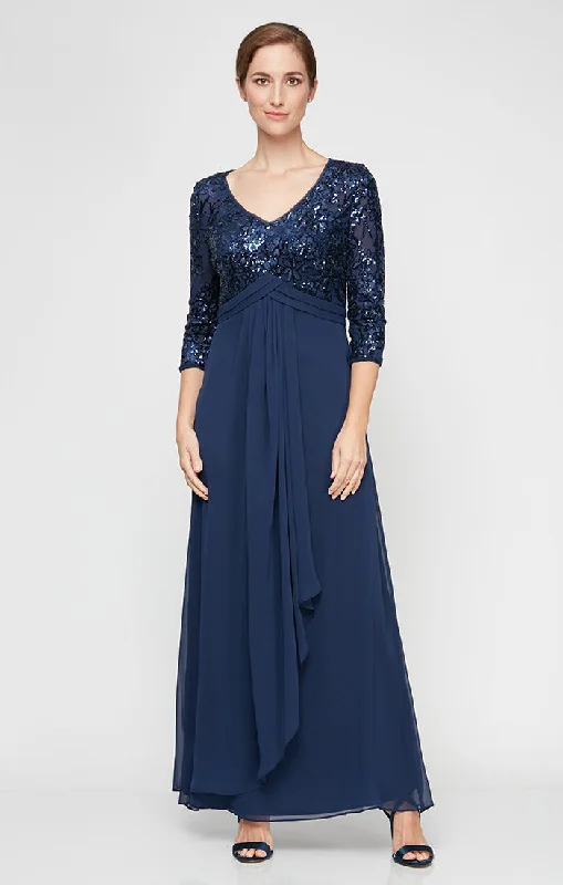 women's statement dressesLong A-Line V-Neck Sequin Lace & Chiffon Gown with Empire Waistline