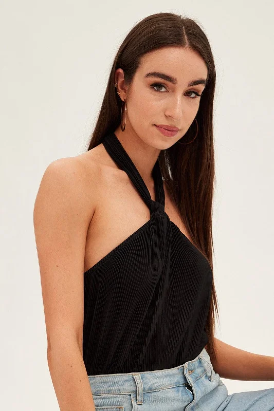 Black Plisse Bodysuit Twist Halter Sleeveless