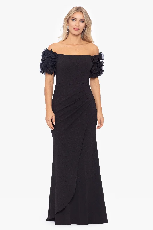 women's wrinkle-resistant dresses"Ashlyn" Long Scuba Crepe Off the Shoulder Wire Flower Gown