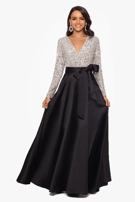 women's glam dresses"Dixie" V-Neck Long Sleeve Sequin Top Waistband with Bow Gown