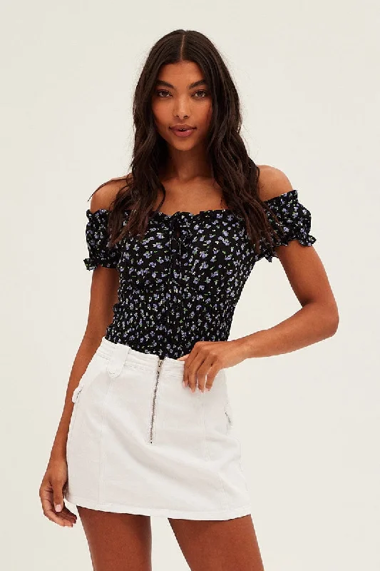 Black Ditsy Ditsy Print Puff Sleeve Tie Front Shirred Bodysuit