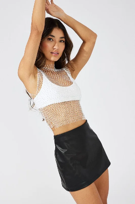 White Rhinestone Mesh Fishnet Top