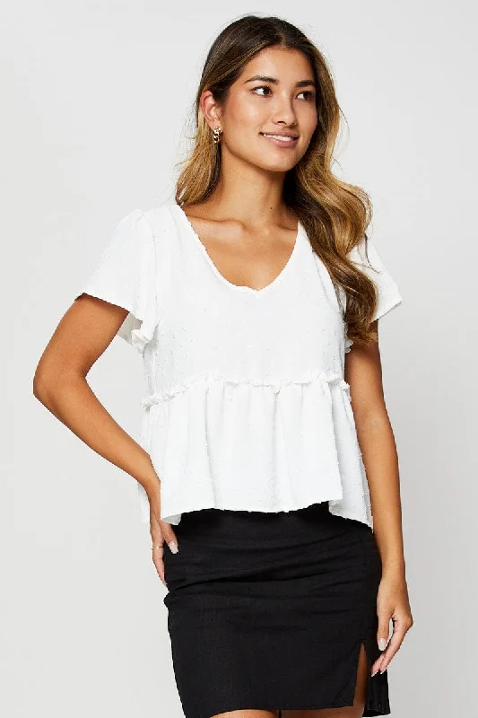 White Peplum Top Short Sleeve Button Front