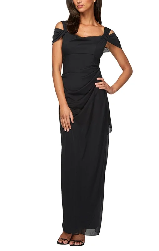 women's machine-washable dressesCold Shoulder Mesh Gown with Cowl Neckline & Overlay Skirt