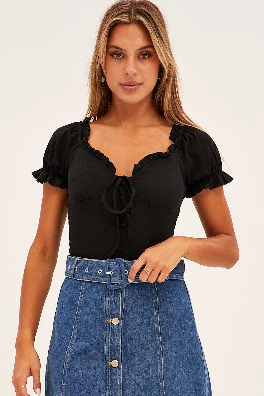 Black Off Shoulder Ribbed Bodysuit