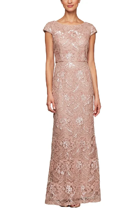 women's affordable dressesLong Embroidered Gown with Cap Sleeves & Sequin Detail