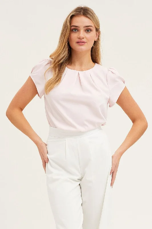 Pink Top Cap Sleeve Pleat Detail Workwear