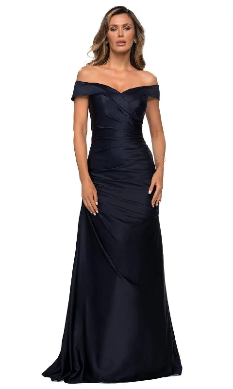 women's minimalist dressesLa Femme 28103SC - Off Shoulder Ruched Satin Gown