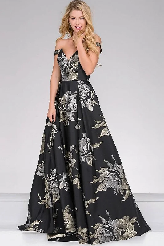 women's chiffon dressesJovani 48361 - Off the Shoulder Floral Print Gown