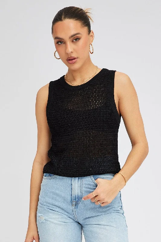 Black Crochet Knit Vest Crew Neck