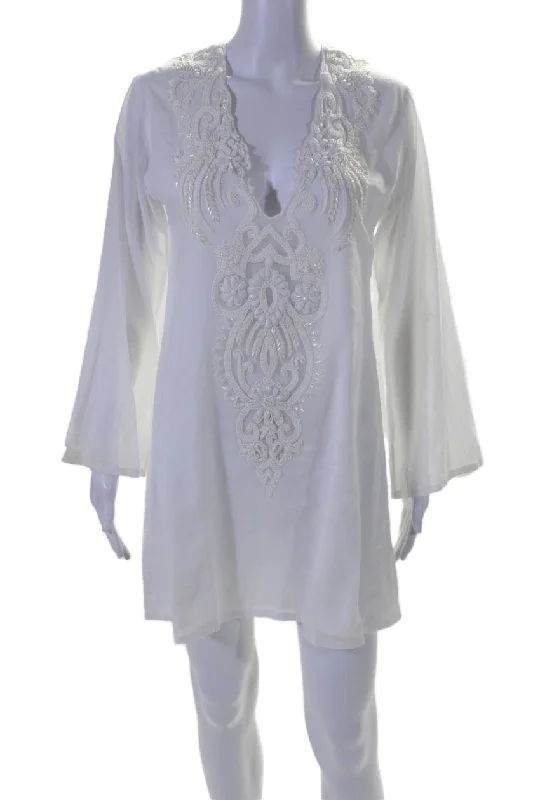 women's cinched-waist dressesAnanya Womens Long Sleeve V Neck Beaded Mini Shirt Dress White