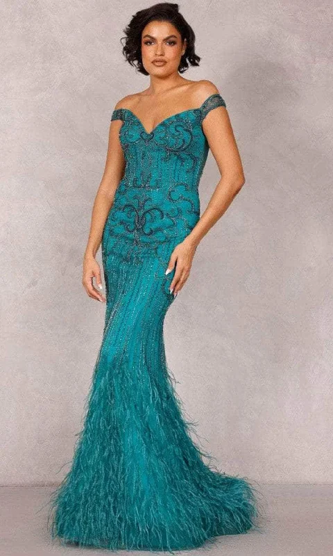 women's empire-line dressesTerani Couture 2214GL0113 - Feather-Ornate Beaded Evening Dress