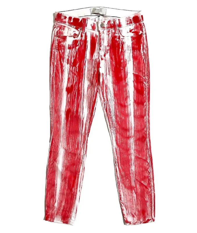 women's denim jeans with belt loopsWomen's Shya Crop Mid Rise Stretch Brushstroke Jeans In Red+White