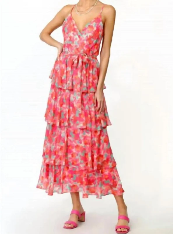 women's work dressesFloral V Neckline Spaghetti Strap Tiered Midi Dress In Rose Coral