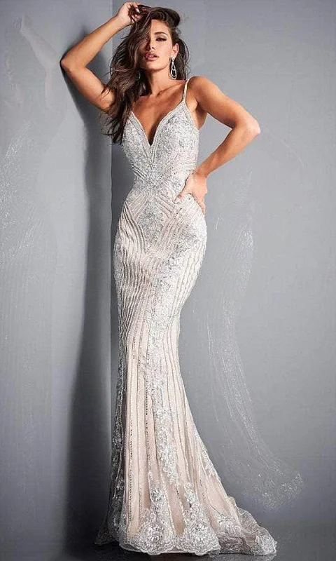 women's designer dressesJovani - Embellished Plunging Evening Gown 05752SC - 1 pc Silver/Nude In Size 14 Available