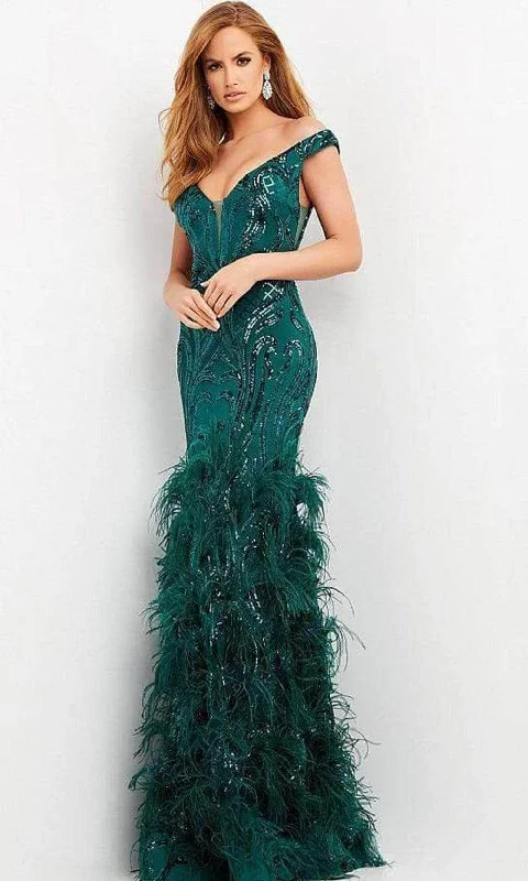 women's checkered dressesJovani - Feathered Trumpet Evening Gown 05660SC - 1 pc Green In Size 18 Available