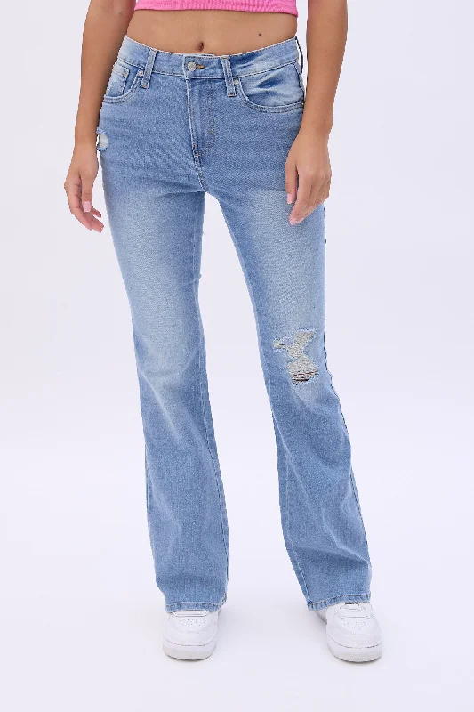 women's denim jeans with raw hemsHigh Rise Flare Jeans