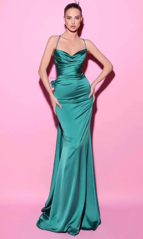 women's silk dressesTarik Ediz 54014 - Cowl Neck Godet Accent Evening Gown