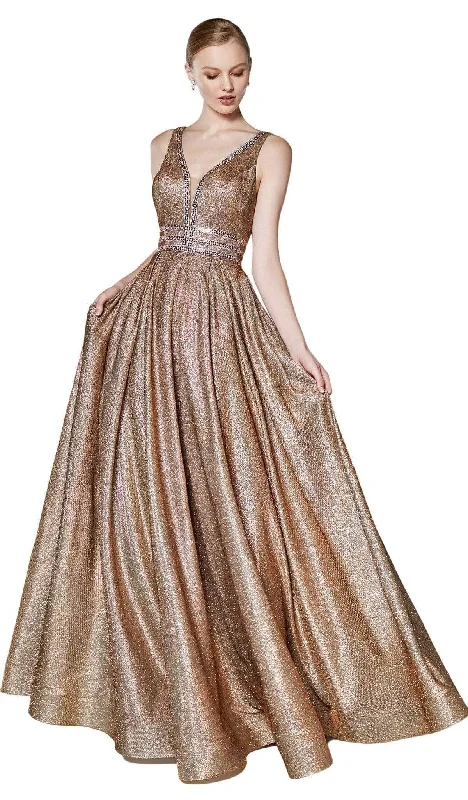 women's denim dressesCinderella Divine - Metallic Plunging V-Neck Evening Gown CJ505 - 1 pc Copper In Size 10 Available