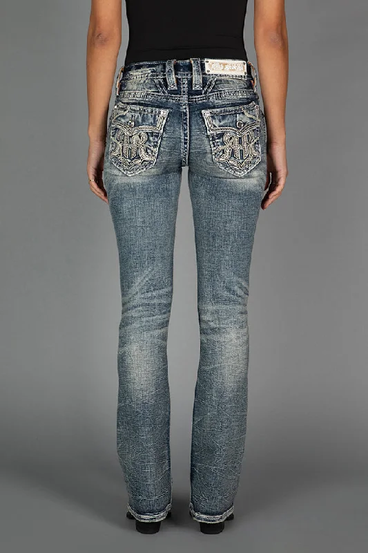 women's denim jeans with leather back pocketsGRETA BOOTCUT JEANS