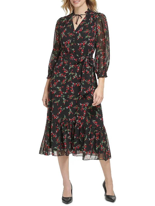 women's cotton dressesWomens Chiffon Floral Print Midi Dress