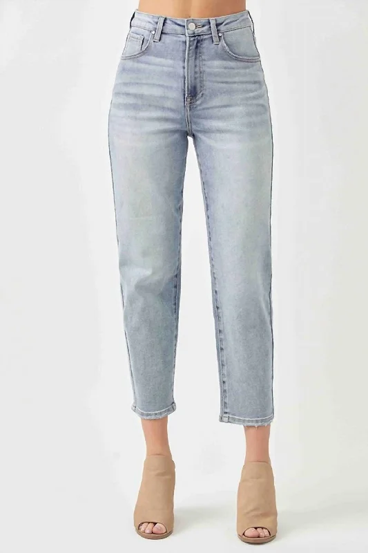 women's denim jeans with leather patchesMom Fit Jeans In Light Wash