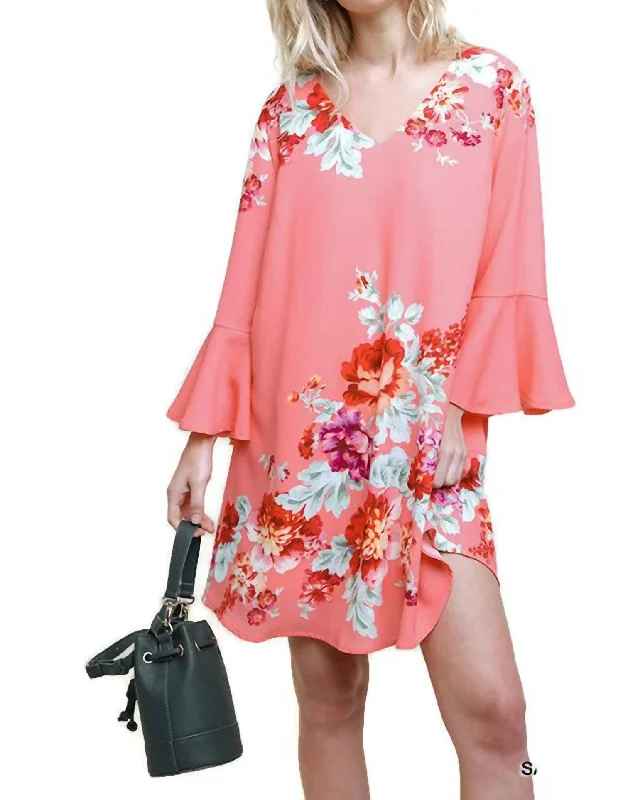 women's A-line dressesFloral Print Bell Sleeve Mini Dress In Salmon