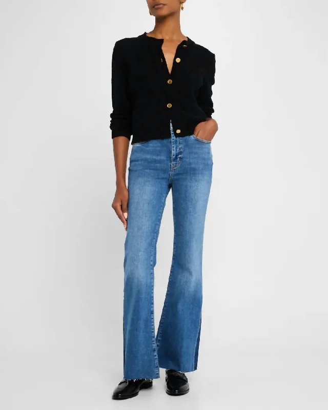 women's denim jeans with embroidery on pocketsLe Easy Flare Raw Fray Outseam Insert Jeans In Mermaid