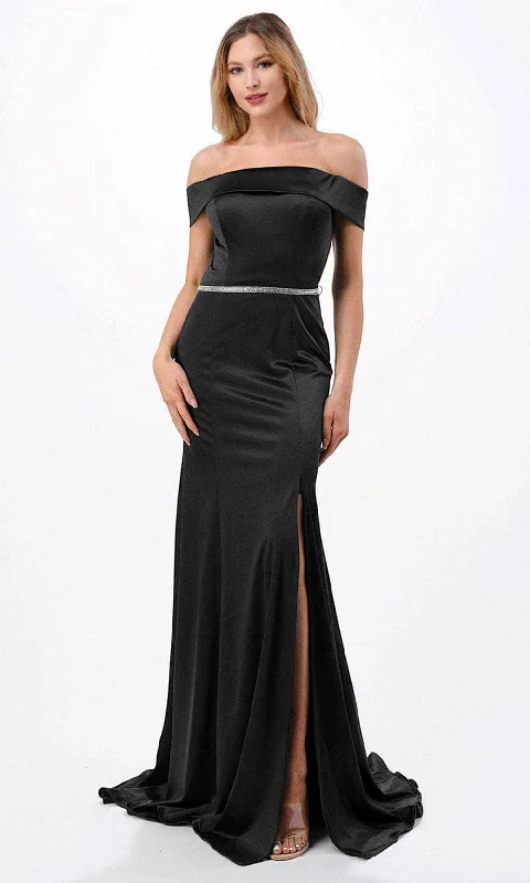 women's solid color dressesTrevi Collection D548 - Straight Off Shoulder Evening Gown