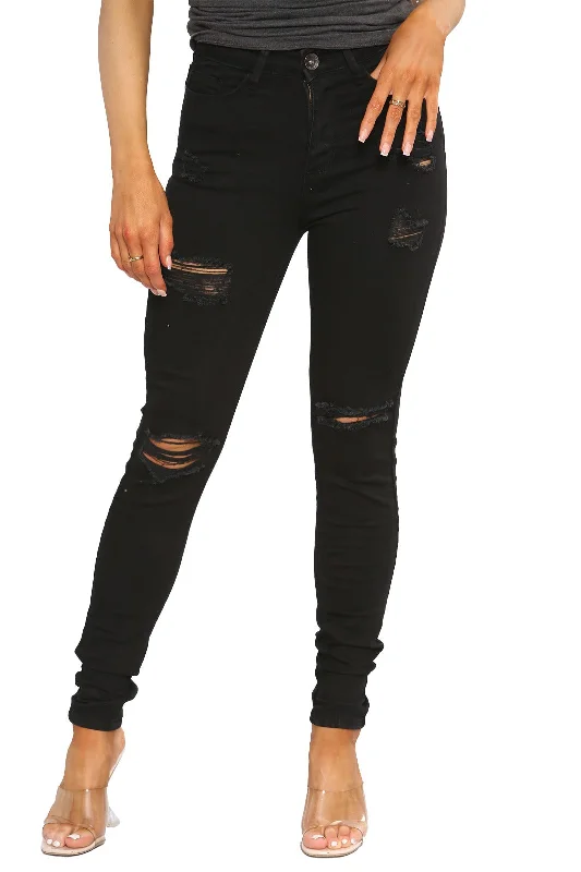 women's denim jeans with distressed thighsEnzo Designer | Womens Skinny Stretch Ripped Denim Jeans