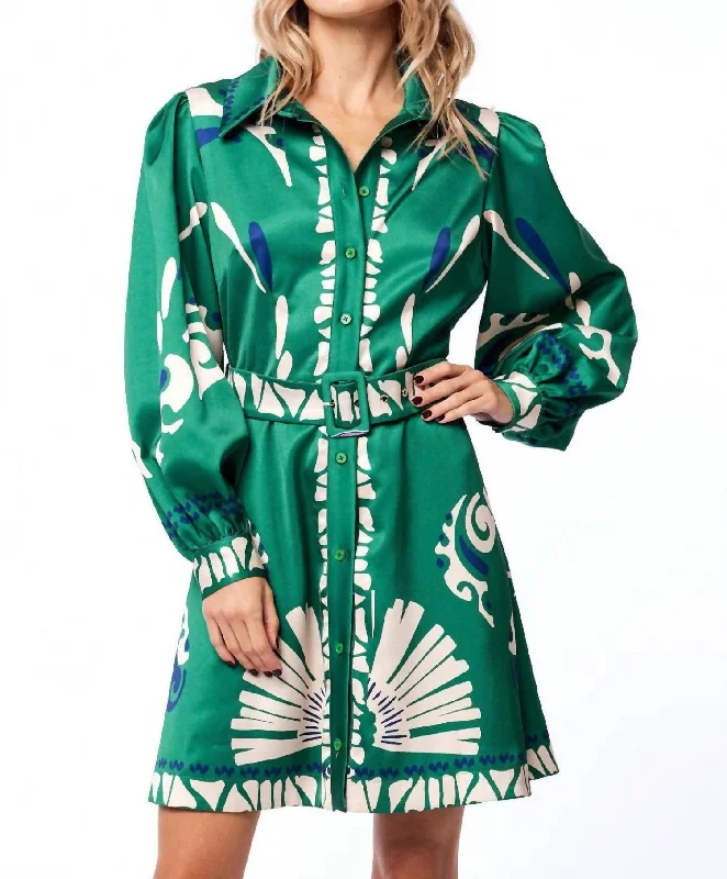 women's high-end dressesBilly Long Sleeve Mini Shirt Dress In Gree